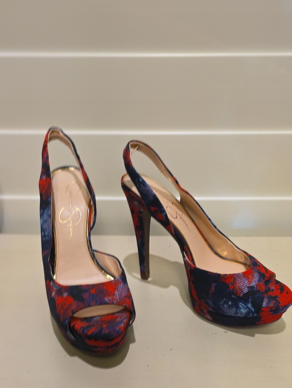 Jessica Simpson Red and Navy Floral Slingback Peep-Toe Heels